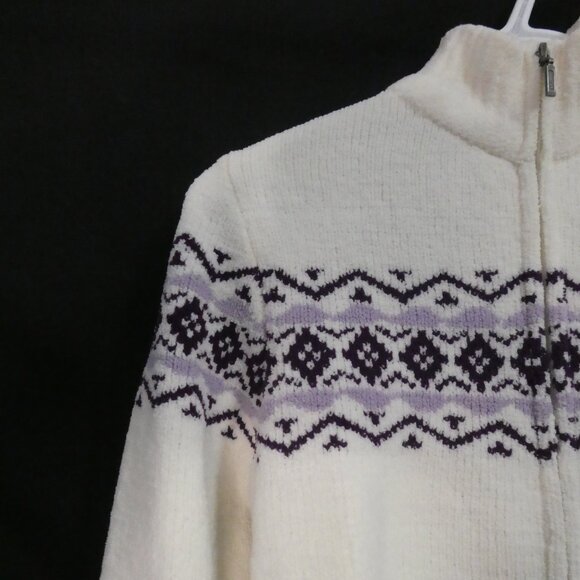 DENVER HAYES | small | Ivory Chenille Zip-Up Cardigan with Purple Pattern | NWOT - Picture 3 of 14